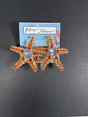 Betsey Johnson Starfish Statement Earrings Rhinestone Gold Tone Coastal NWT